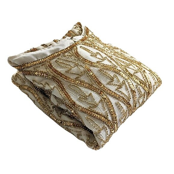 Vtg 80s ANUJAN CREATIONS 100% Silk Ivory Gold Beaded Art Deco Zig Zag Top Size M - Picture 6 of 6